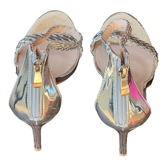 RUI Silver Metallic Woven Stiletto Heels Halo Strap Braided Open-Toe 38 - Picture 4 of 8